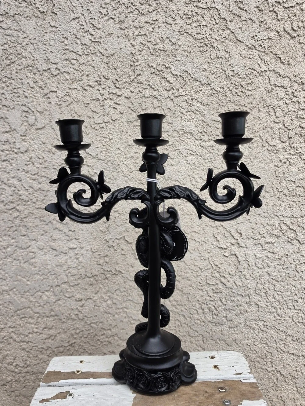 Martha Stewart Matte Black Snake & Butterfly Three-Arm Candelabra Halloween NWT